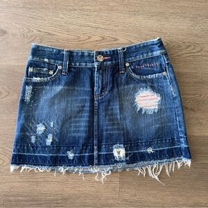 American Eagle Y2K Low Rise Denim Distressed Mini Skirt Size 0 100% Cotton